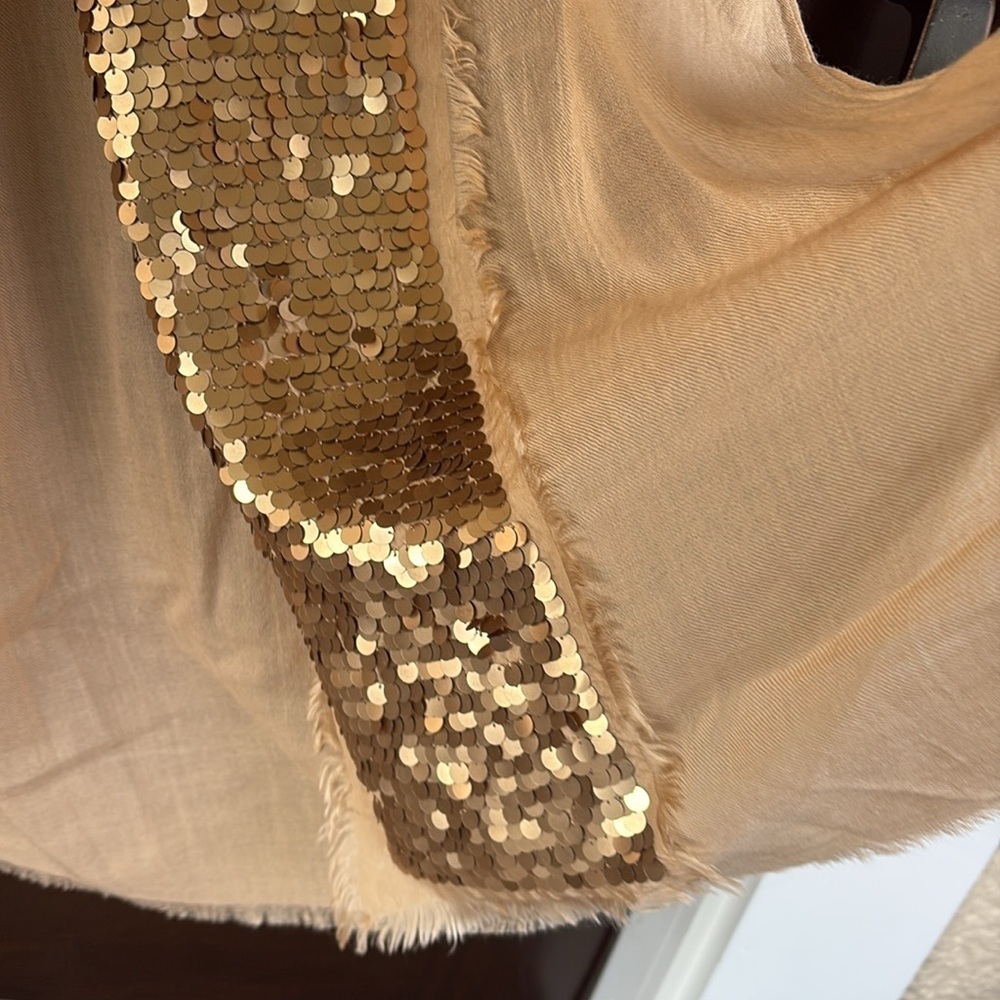 NWT Tory Burch Silk / Wool Sequined Shawl Scarf Gold Tan Retail $275.00 - Picture 5 of 10